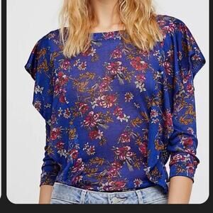Free people blue floral print dock street shirt with ruffles